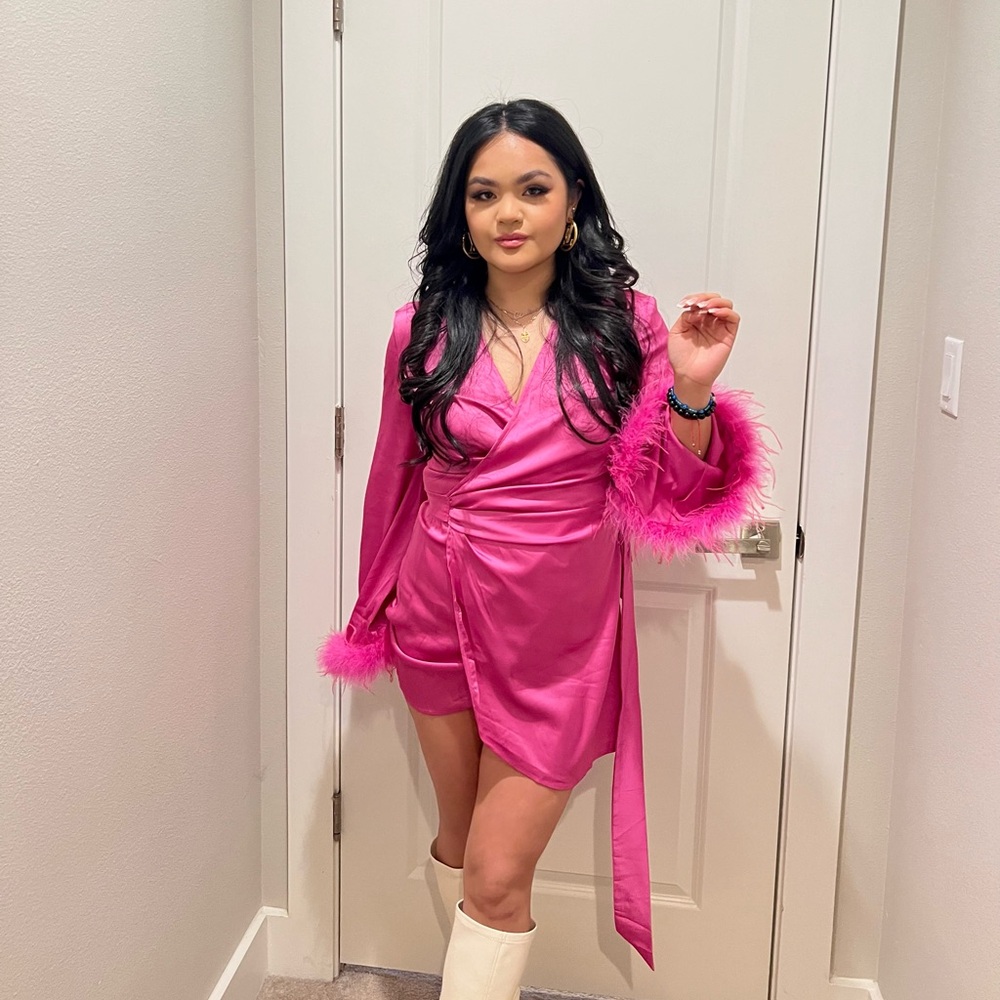 White fox Pink Wrap Dress with fur (used once)